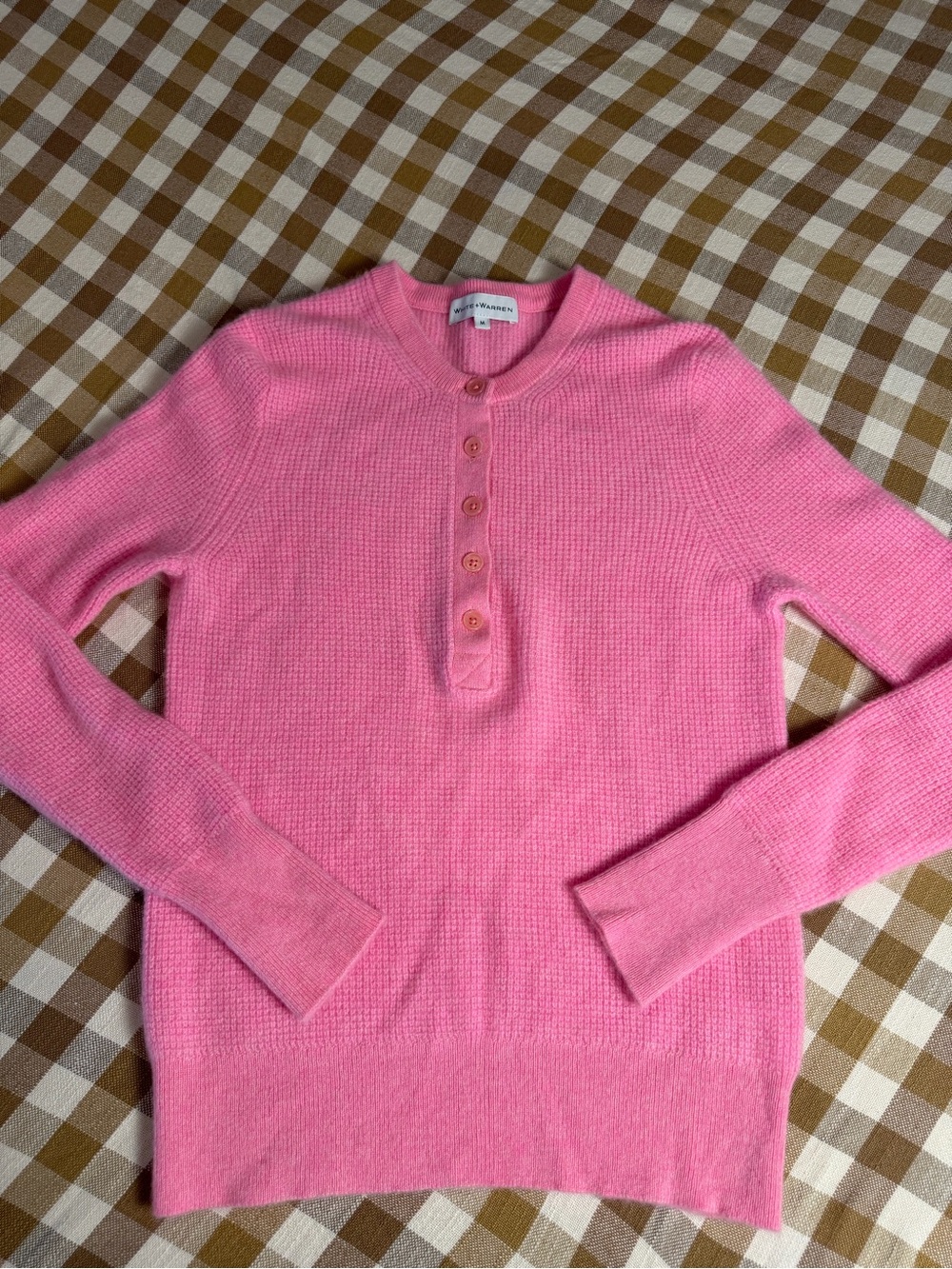 White + Warren 100% Cashmere Pink Waffle Knit Henley Sweater M - Picture 10 of 10